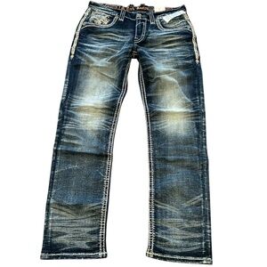 Men's Distressed Blue Denim Jeans - Classic Straight Fit